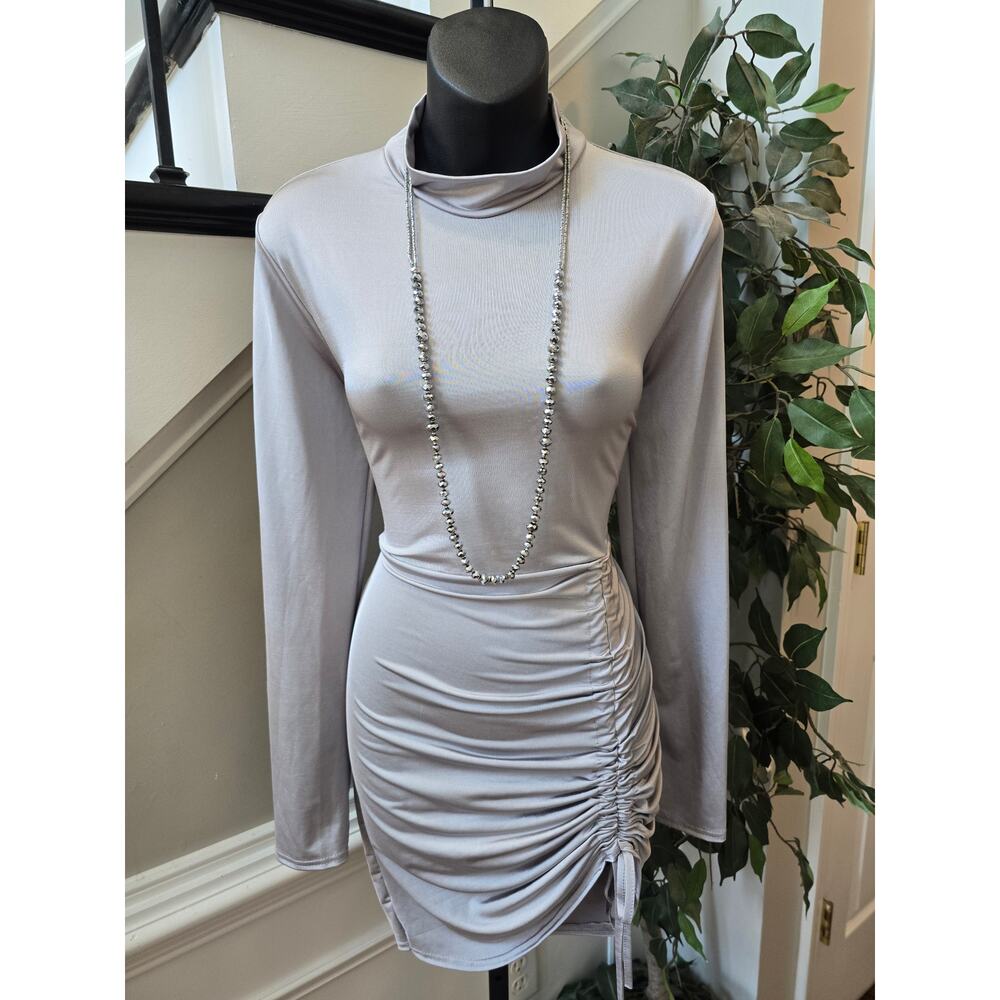 Femme Luxe Bodycon Mini Dress 12 Gray Stretch Ruched Side Mock Neck Casual Party